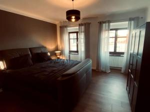 a bedroom with a bed and two windows at Appartement en centre-ville in Saint-Avold