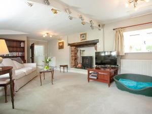 a living room with a couch and a tv at Little Millhayes in Thorverton