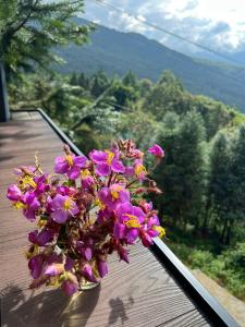 a vase of purple flowers sitting on a table at THEN'S HOUSE Y TÝ in Phan Kơng Su