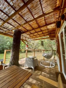 um pátio com uma árvore, uma mesa e cadeiras em Gîte familial en pleine nature- Domaine Temali em Labouheyre