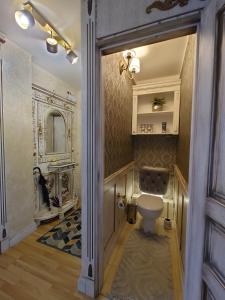 a bathroom with a toilet and a mirror at Provence apartment in Šiauliai