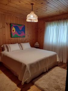1 dormitorio con cama y lámpara de araña en Pousada Villa dos Vinhedos, en São Joaquim