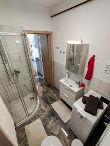 a bathroom with a toilet and a shower and a sink at RYB Lofts Budapest in Budapest