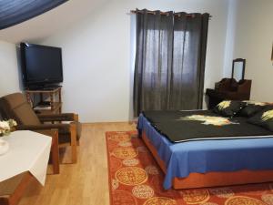 ナグヤタードにある4Fenyő Magánszállás Nagyatádのベッドルーム(ベッド1台、テレビ、椅子付)