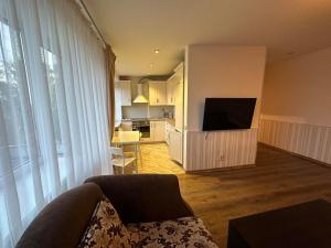 ein Wohnzimmer mit einem Sofa und einem Flachbild-TV in der Unterkunft Ditemo center apartment self check in in Šiauliai