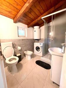 a bathroom with a toilet and a sink and a washing machine at Holiday Houses Luan in Poreč