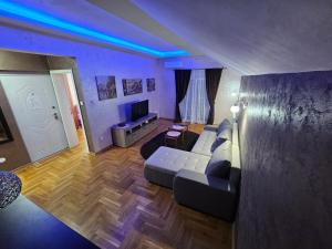 Una sala de estar con un sofá y un televisor. en Luxury Apartments Belgrade, en Belgrado