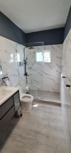 a bathroom with a shower and a toilet and a sink at Apartament central frente al mar in San Felipe de Puerto Plata +41 photos