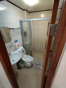 a bathroom with a shower and a toilet and a sink at Adore Yilan in Luodong
