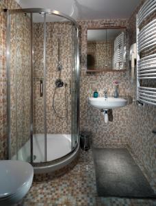 ein Bad mit einer Dusche und einem Waschbecken in der Unterkunft Pension Luky in Špindlerův Mlýn