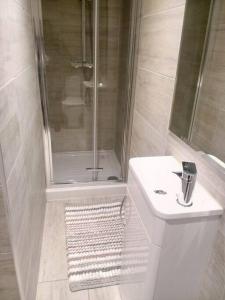 een badkamer met een douche, een toilet en een wastafel bij Big spacious 4 Bed House Romford London in Harold Wood