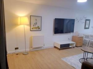 uma sala de estar com uma televisão de ecrã plano na parede em Big spacious 4 Bed House Romford London em Harold Wood