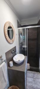 een badkamer met een wastafel, een douche en een spiegel bij Studio em Machico in Machico