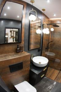 La salle de bains est pourvue d'un lavabo et d'un miroir. dans l'établissement Apartament POSEJDON Gliwice, à Gliwice