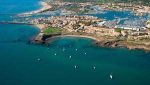 eine Luftansicht eines Hafens mit Booten im Wasser in der Unterkunft au cœur des pins in Cap d'Agde
