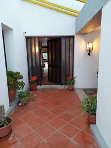 an open hallway with potted plants and a door at Herdade AMÁLIA RODRIGUES in Zambujeira do Mar