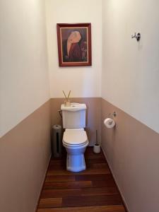 a bathroom with a toilet with a picture on the wall at LE DOMAINE DE COAT ROGAN La chambre romantique in Pommerit-Jaudy
