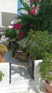 un jardín con flores rosas, mesa y sillas en Mama's Rooms - Eurostudiosnaxos, en Naxos Chora