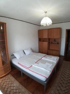 a bedroom with a bed with a cabinet and a chandelier at DAION in Bistriţa