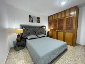 a bedroom with a large bed and two lamps at Medellin Tu hogar en la eterna primavera in Medellín