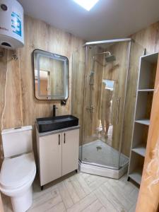 a bathroom with a shower and a toilet and a sink at Panorama Glamping in Saty
