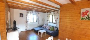 a living room with a blue couch and a tv at Casa Magnolia in Bran