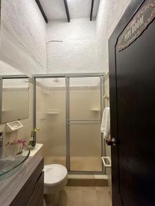 a bathroom with a shower with a toilet and a sink at Rancho 4Js in La Cumbre