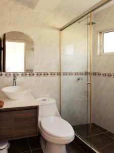 uma casa de banho com um WC, um lavatório e um chuveiro em Apartamento Campestre en Condominio em Fusagasuga