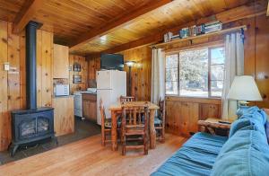 a living room with a couch and a stove at Vista Court Cabins & Lodge in Buena Vista