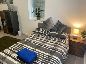 a bedroom with a bed with a blue pillow on it at Very large double room with corner sofa and Sky TV in Newhaven