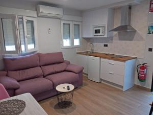 sala de estar con sofá púrpura y cocina en Apartamento de la Haya, junto al Teatro Romano, en Mérida