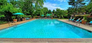 a large swimming pool with chairs and umbrellas at Furnished Garden Style Apt, Pool Gym Parking Pb in Newark