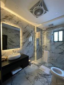 a bathroom with a shower and a sink and a toilet at Villa Vista in Islamabad