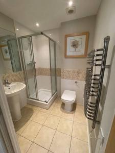 a bathroom with a shower and a toilet and a sink at Modern 2 Bed Apartment Next To Station + Parking in Beckenham