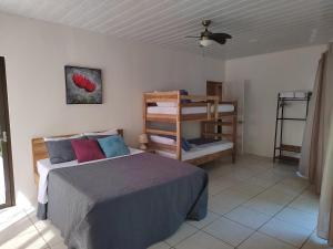 a bedroom with a bed and a ceiling fan at Casa Palmera Cocles, 300m to the beach in Puerto Viejo