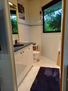 a bathroom with a toilet and a sink and a window at Garden Apartment, self contained, Hunter Valley in Muswellbrook
