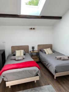 2 camas en una habitación con paredes blancas y ventana en Duplex 3 chambres Vue Mont-Blanc, en Domancy