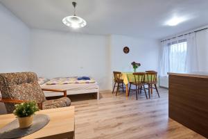a living room with a bed and a table and chairs at Apartmány Kateřina in Ricany