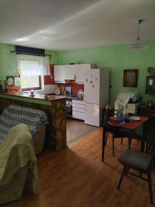 eine Küche mit grünen Wänden, einem Tisch und einem Kühlschrank in der Unterkunft Vikendica Sibnica in Blace