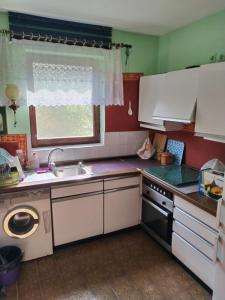 eine kleine Küche mit einem Waschbecken und einem Fenster in der Unterkunft Vikendica Sibnica in Blace