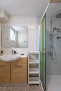 uma casa de banho com um lavatório e um chuveiro em Cosy Apart at Lykavitos em Nicósia