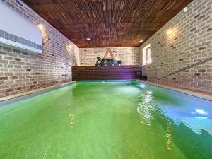 an indoor swimming pool with green water in a room at Appartement - Duplex 3 CH - 5 pers avec piscine intérieure privative Namur en pleine nature in Floreffe