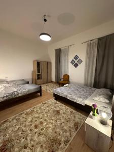 een slaapkamer met 2 bedden en een tapijt bij Apartment Monte in Sarajevo