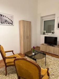 een woonkamer met stoelen en een tafel en een televisie bij Apartment Monte in Sarajevo