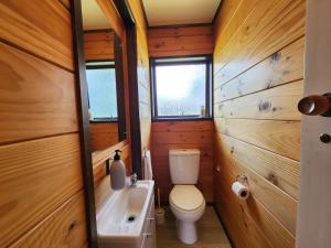 a small bathroom with a toilet and a sink at Kotare Cottage Hahei in Hahei