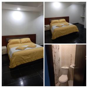 Duas fotografias de um quarto com 2 camas e um WC. em Casa Turistica Zamboss em Montería