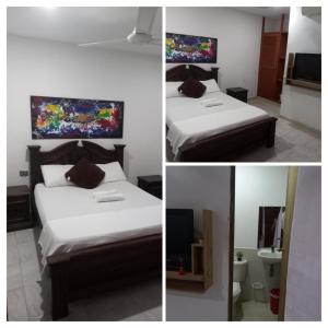 two pictures of a bedroom with two beds and a bathroom at Casa Turistica Zamboss in Montería