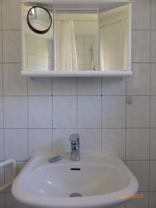 a white sink in a bathroom with a mirror at Natur pur im Erzgebirge in Breitenbrunn