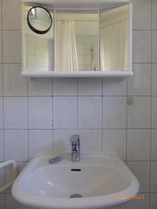 a white sink in a bathroom with a mirror at Natur pur im Erzgebirge in Breitenbrunn +21 photos