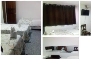three pictures of a room with two beds and a table at Hostal San Antonio in Chimbote